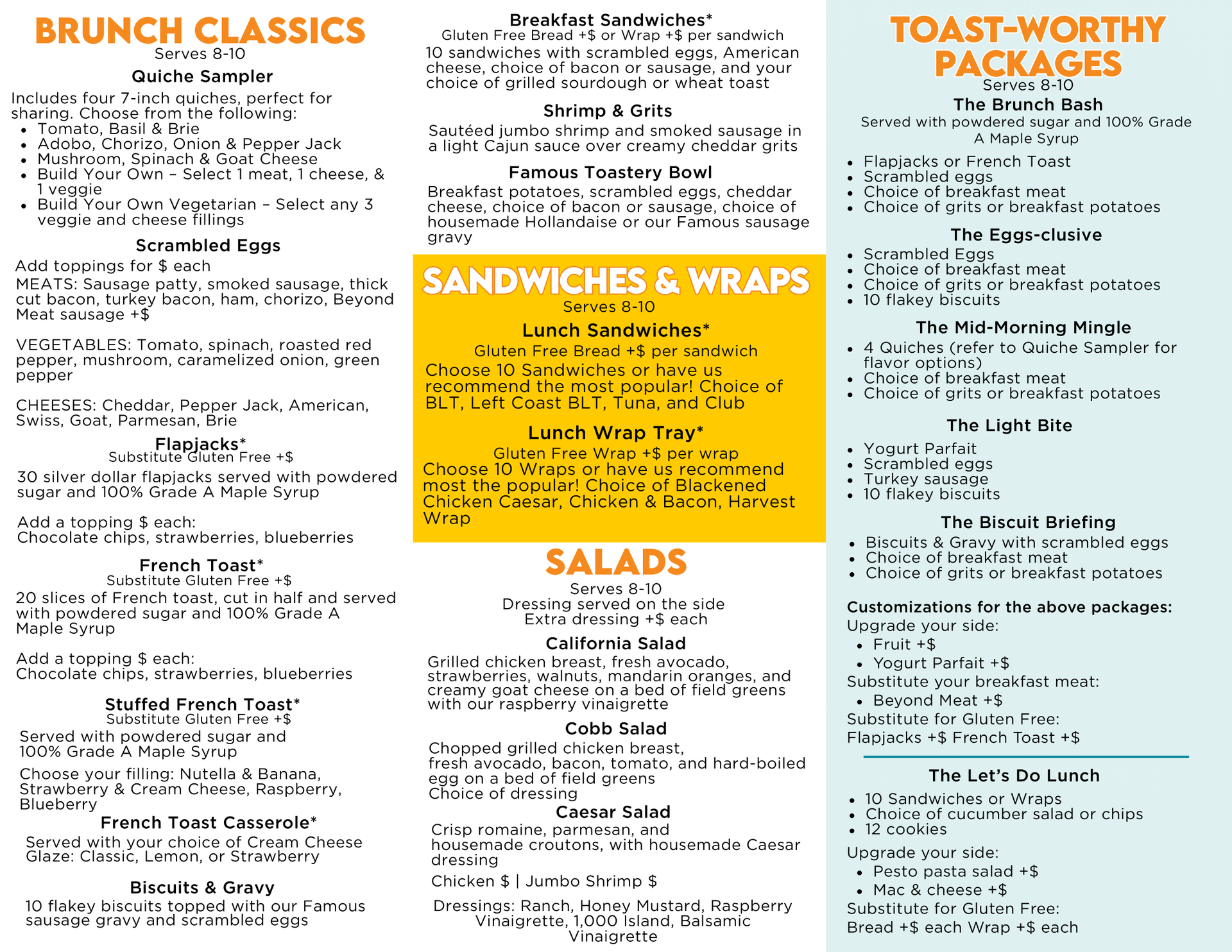 A menu for famous toastery has a picture of a sandwich and a salad on it