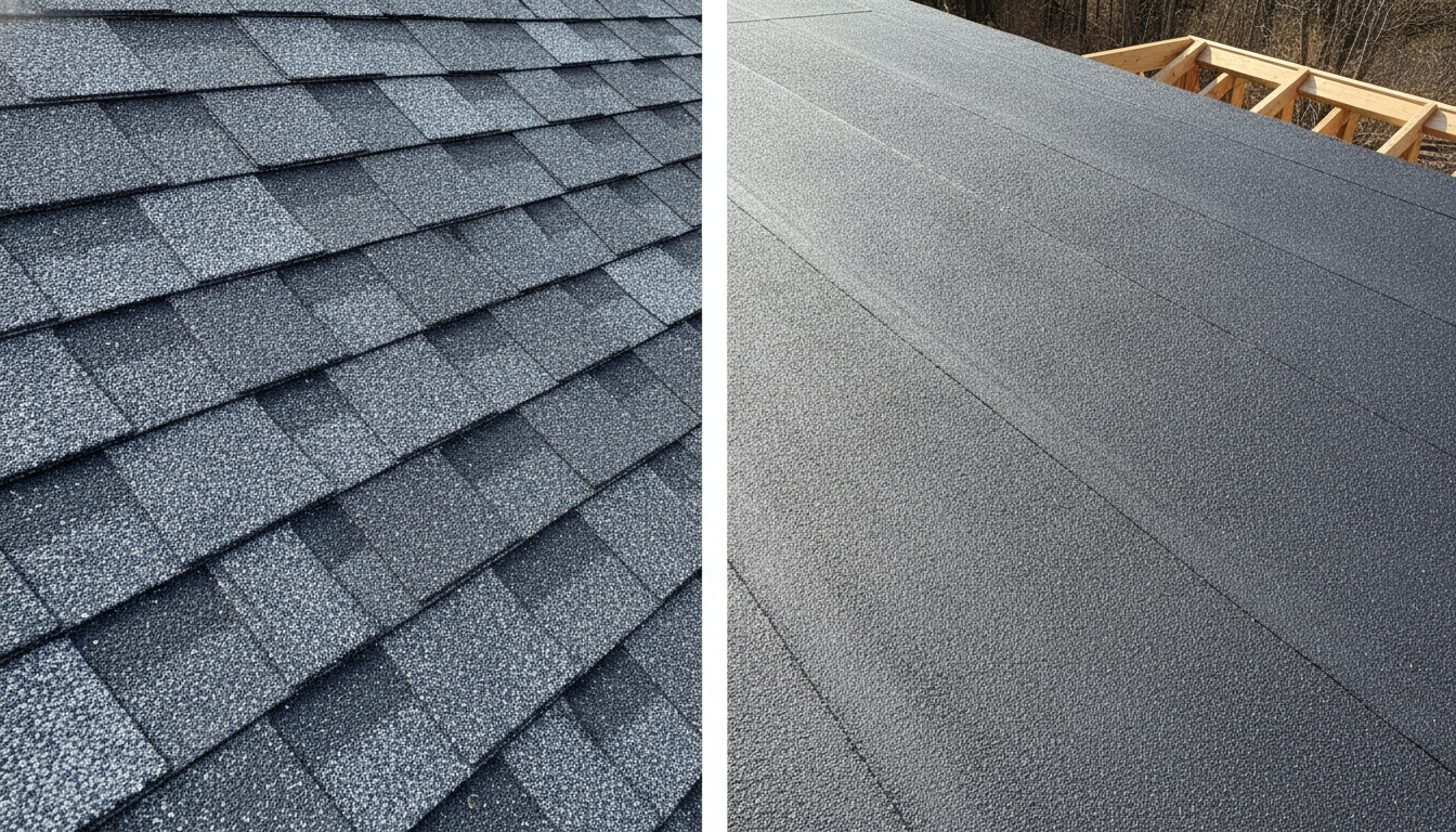 Close-up of gray asphalt roof shingles, showing weathered texture and a smooth roof surface.