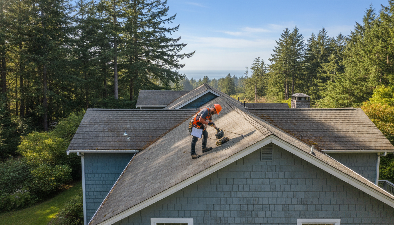 Two roofers working on a gray shingled roof in a wooded neighborhood