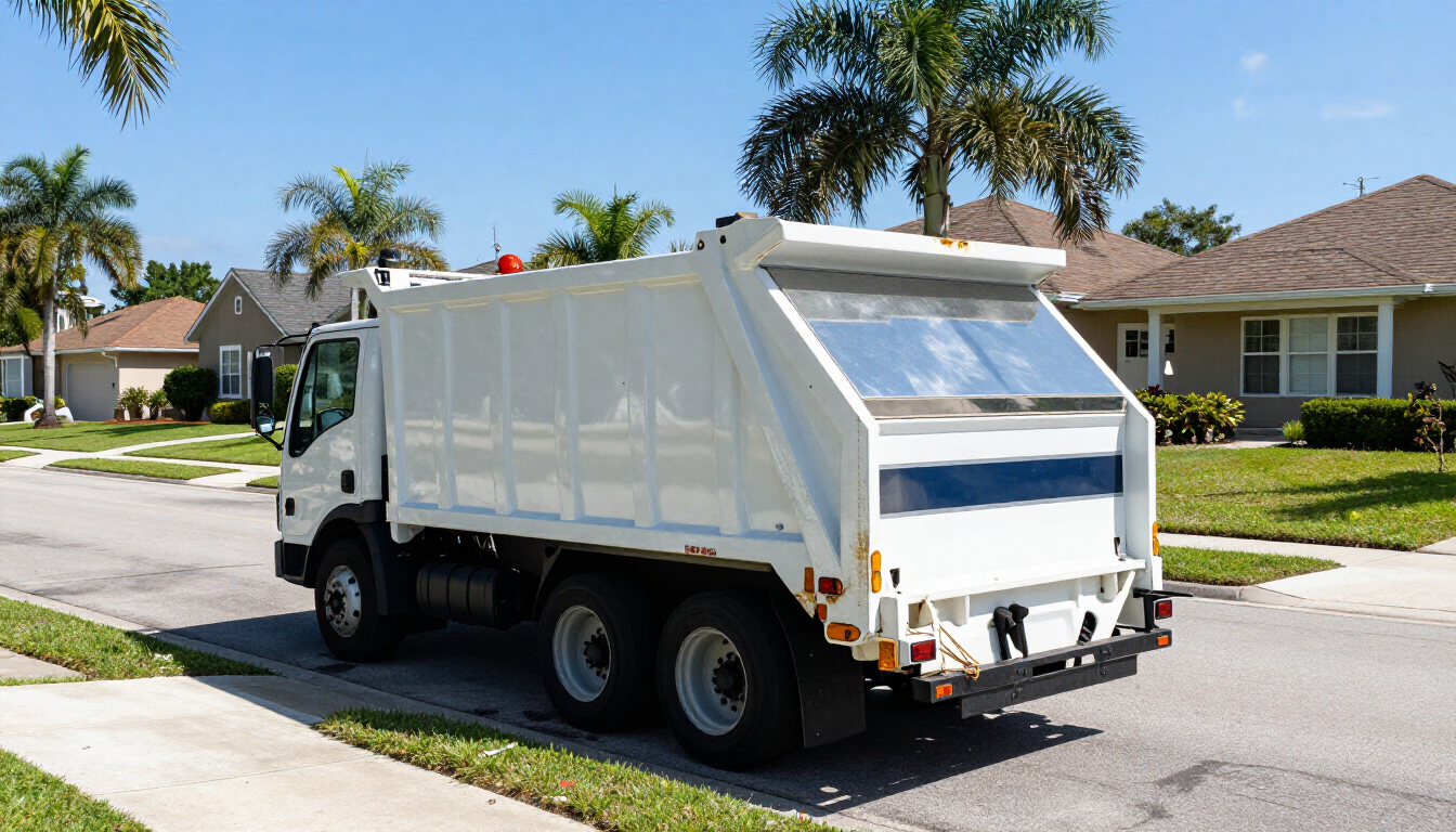 A professional roll-off dumpster rental on a residential driveway.
