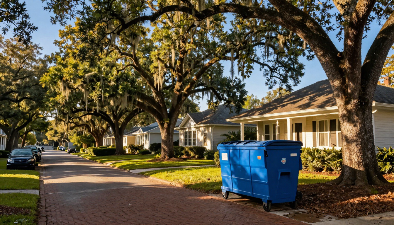 A professional roll-off dumpster on a residential driveway in Winter Park, FL.