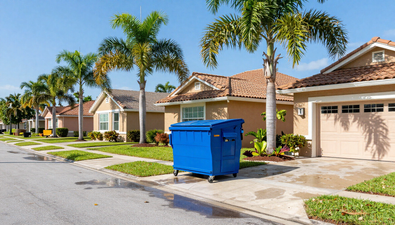 A blue roll-off dumpster in an Orlando driveway after a storm cleanup.