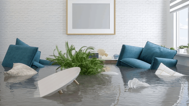 A living room filled with water and flooded furniture.