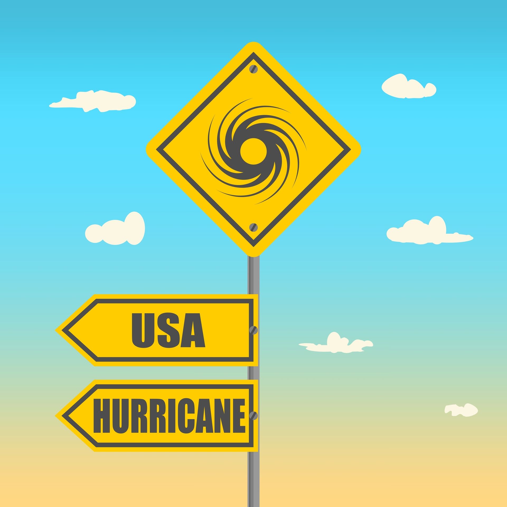 A yellow sign with a hurricane on it and two arrows pointing in opposite directions.