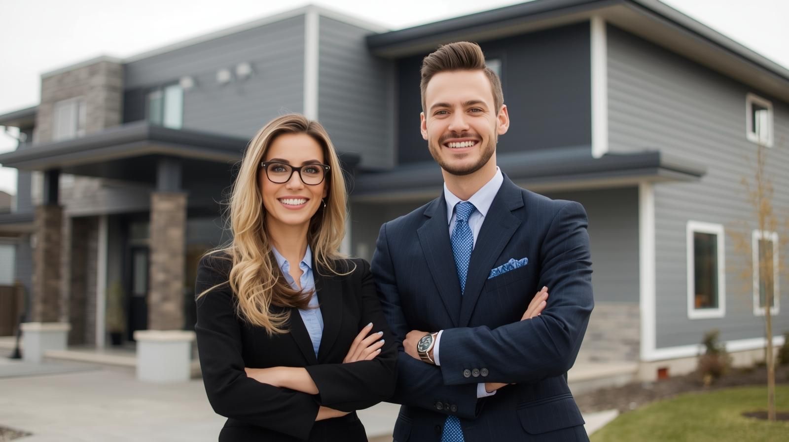 Saint John real estate agents standing in front of a modern house, smiling with arms crossed.