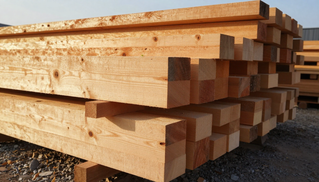 Vigas de madera apiladas en un aserradero al aire libre, con la luz del sol resaltando los bordes sin pulir.