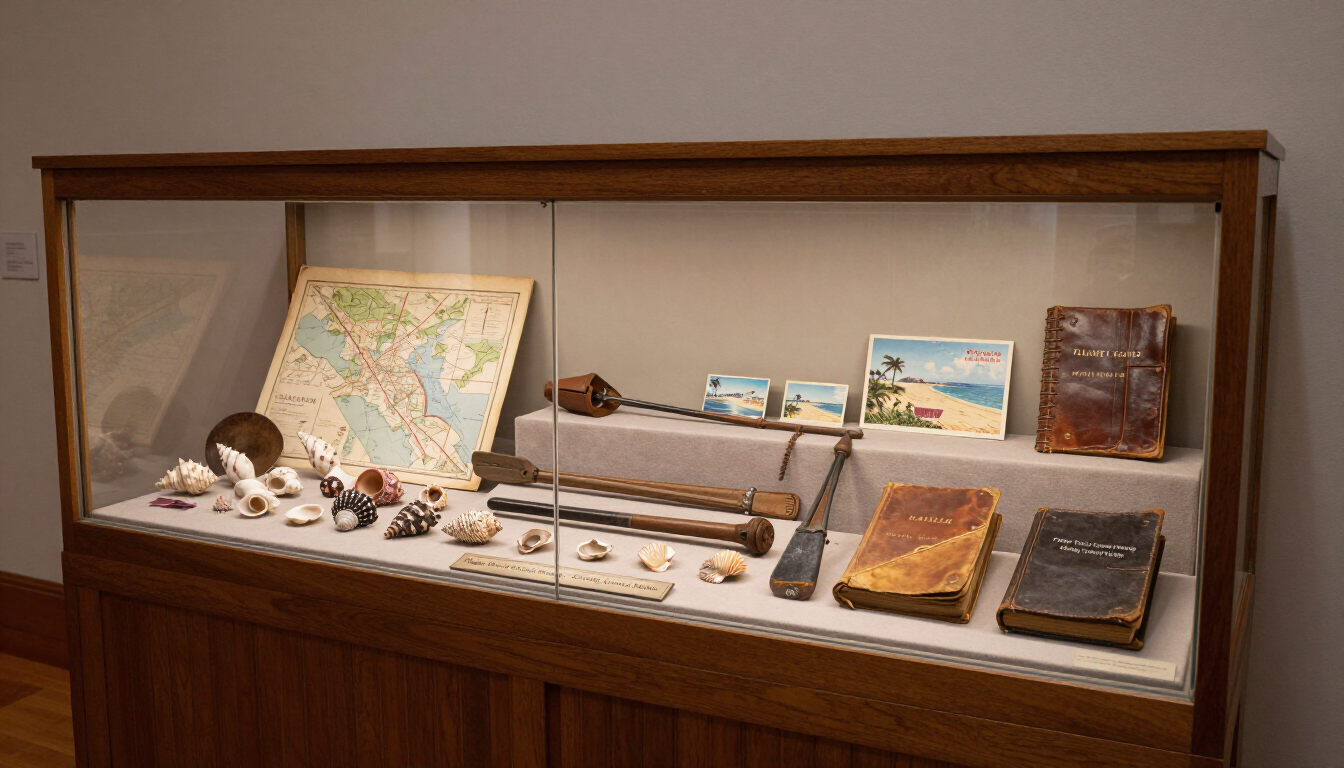 Museum display case with historical maps, books, and small artifacts on white shelves