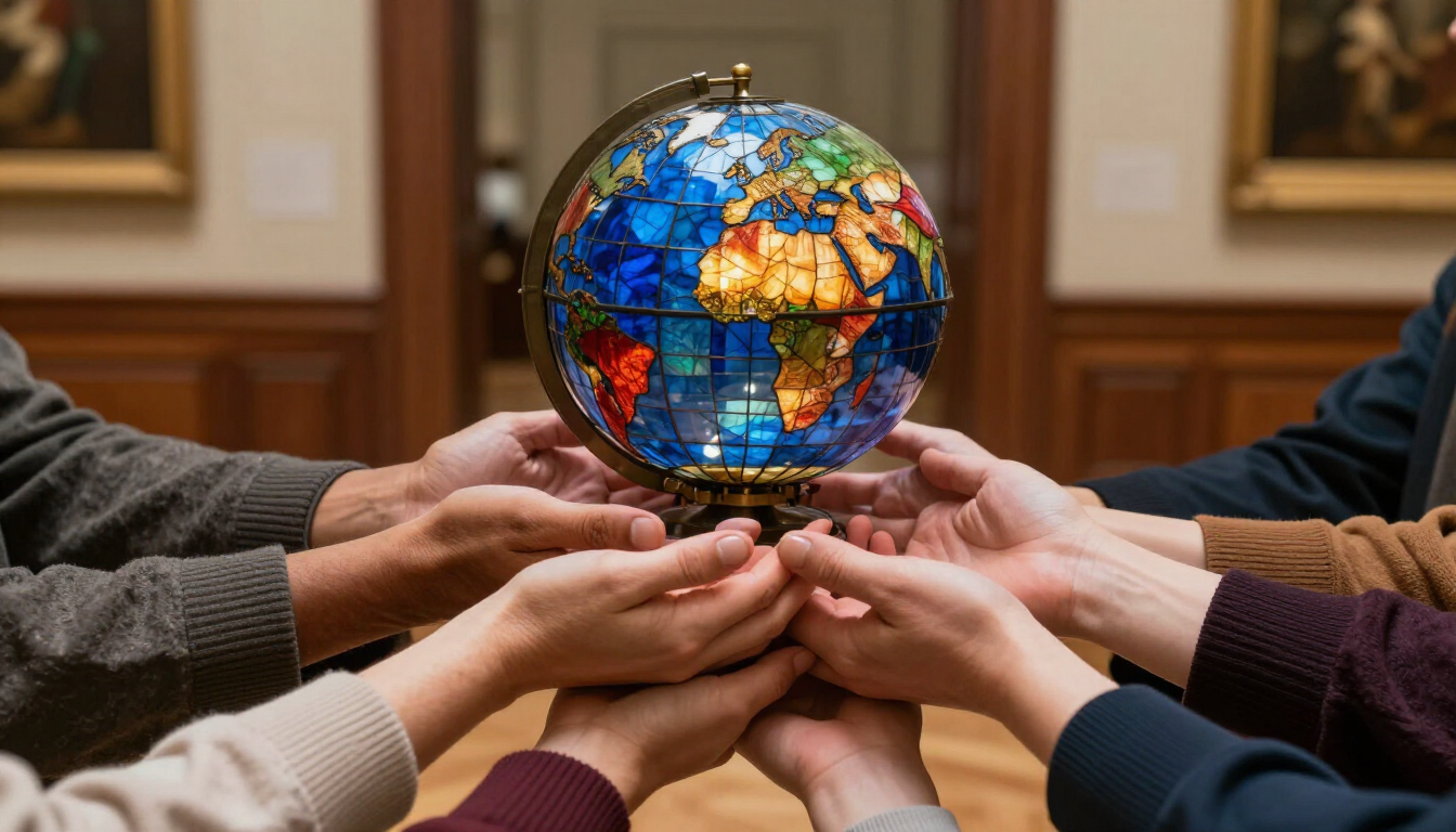 Hands gathering around a colorful globe on a table in a classroom or meeting room