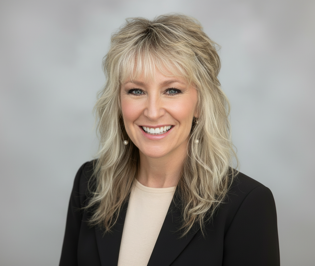 Smiling woman in a black blazer against a gray studio background
