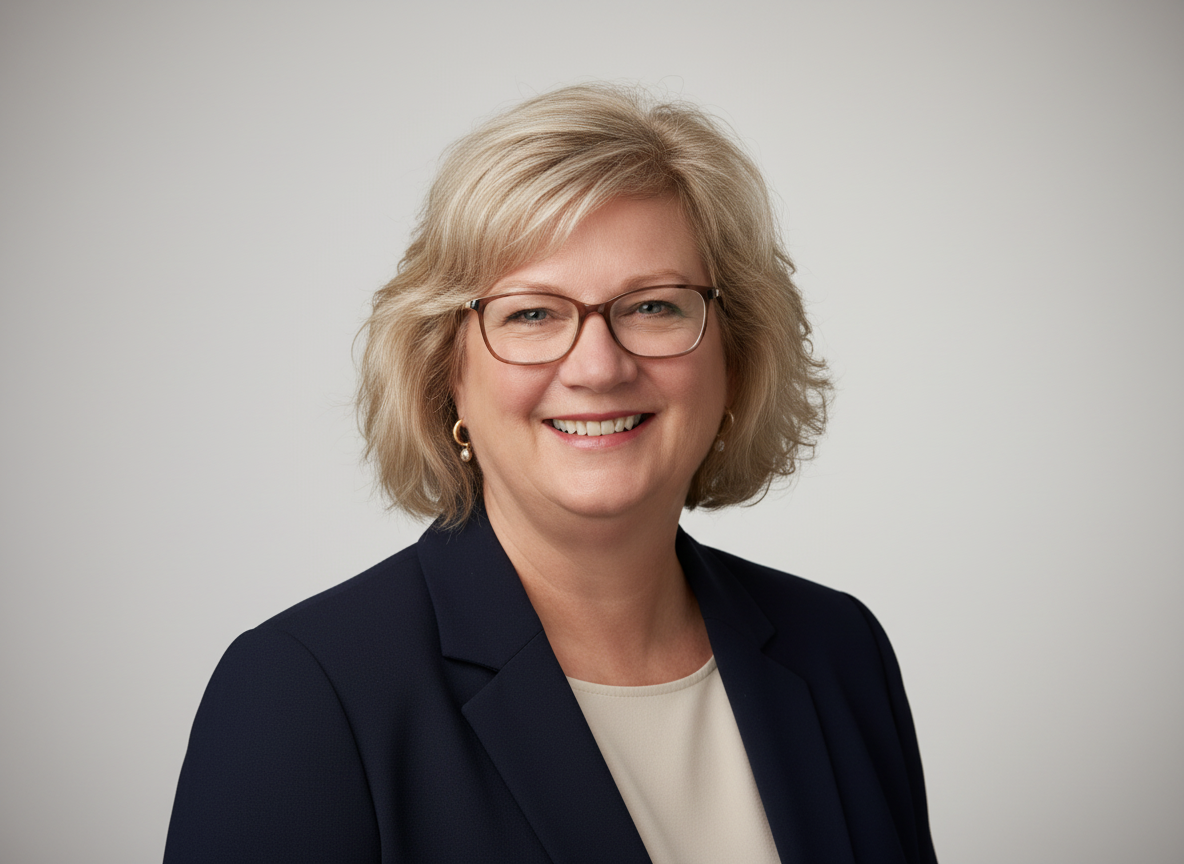 Smiling professional in navy blazer and glasses against a light gray background
