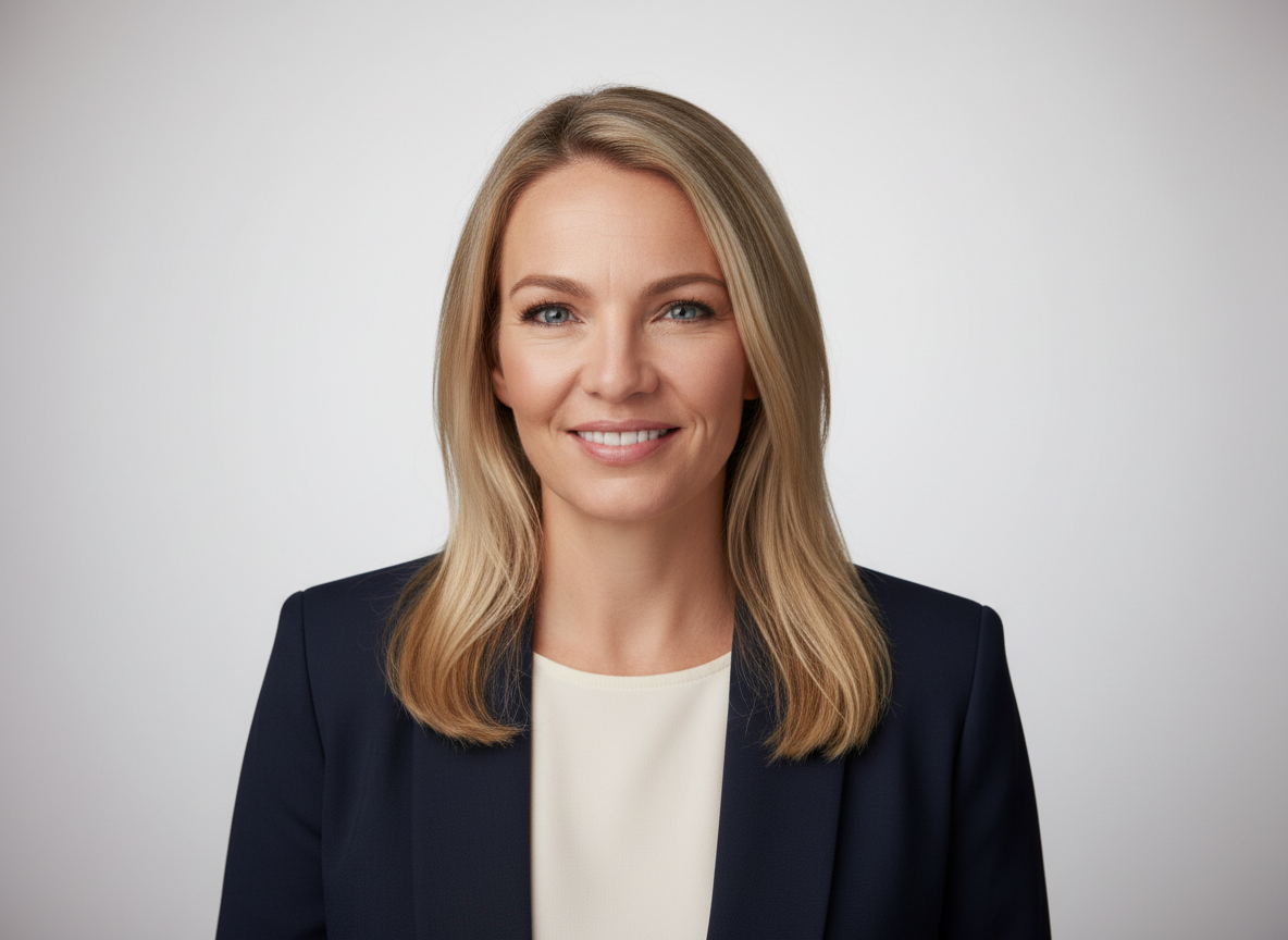 Professional headshot of a smiling woman in a navy blazer against a neutral background