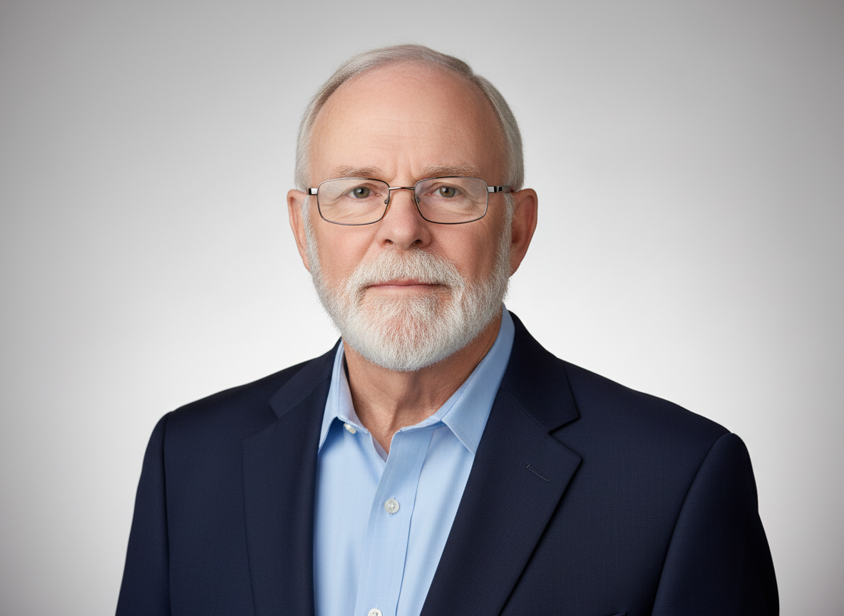 Portrait of a man in glasses wearing a navy blazer and light blue shirt against a gray background