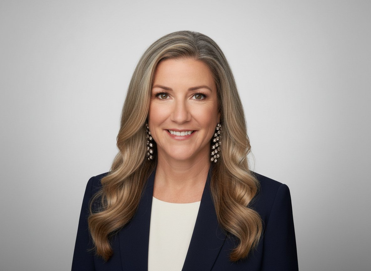 Portrait of a woman in a navy blazer and white top, smiling against a gray background