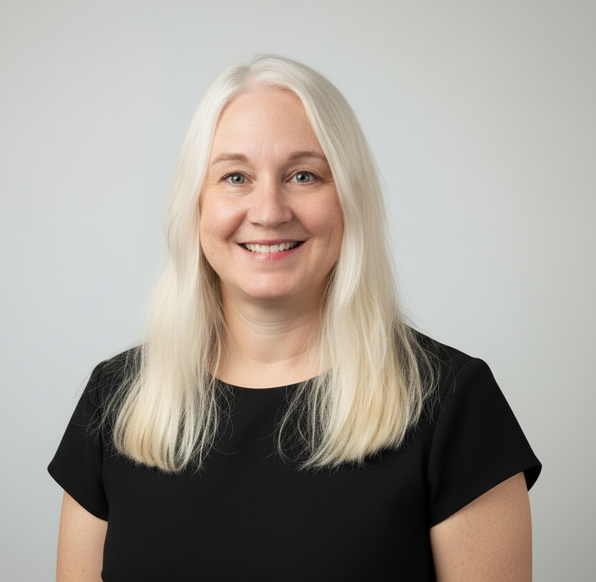 Smiling woman with long platinum blonde hair wearing a black shirt against a light gray background