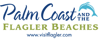 Palm Coast and Flagler Beaches logo with blue palm tree and website visitflagler.com