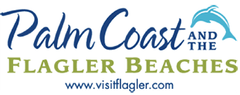 Palm Coast and Flagler Beaches logo with blue palm tree and website visitflagler.com