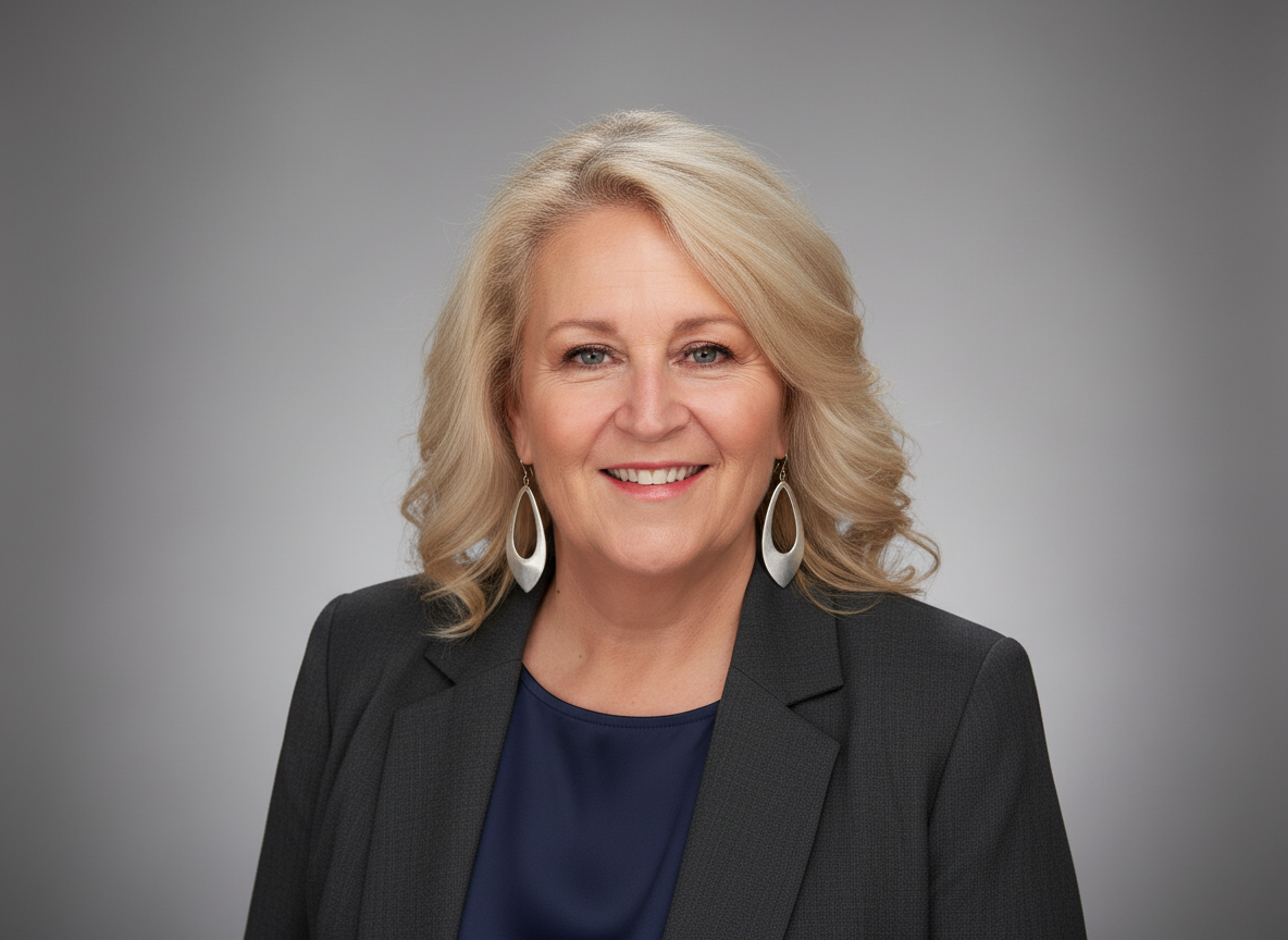 Portrait of a smiling woman in a dark blazer against a gray studio background
