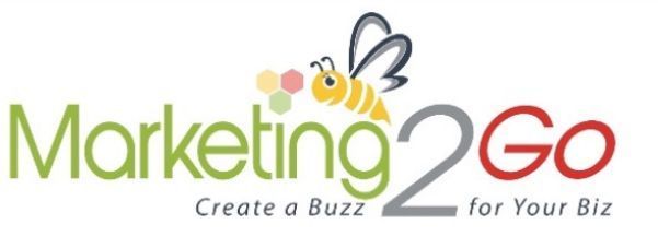Marketing2Go logo with green and orange text and a yellow bee icon, reading “Create a Buzz for Your Biz.”