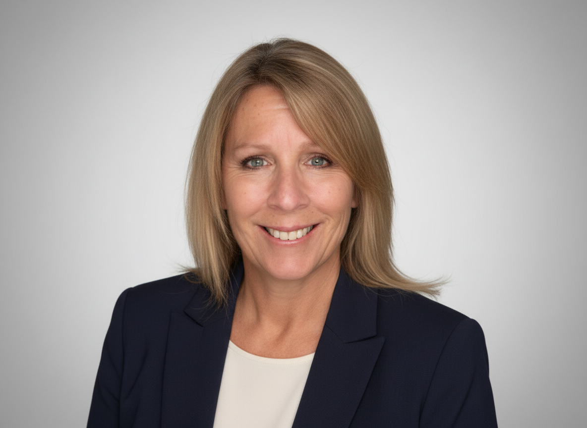 Smiling woman in a navy blazer and white top against a gray background