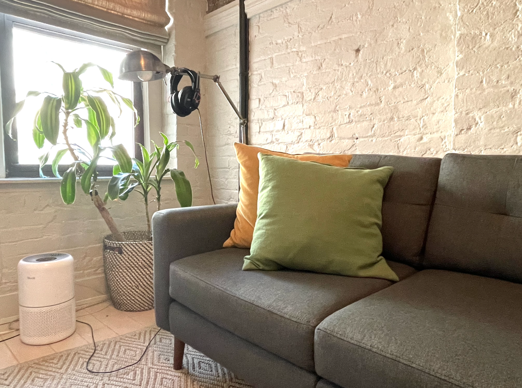 A living room with a couch , plant , lamp and headphones.