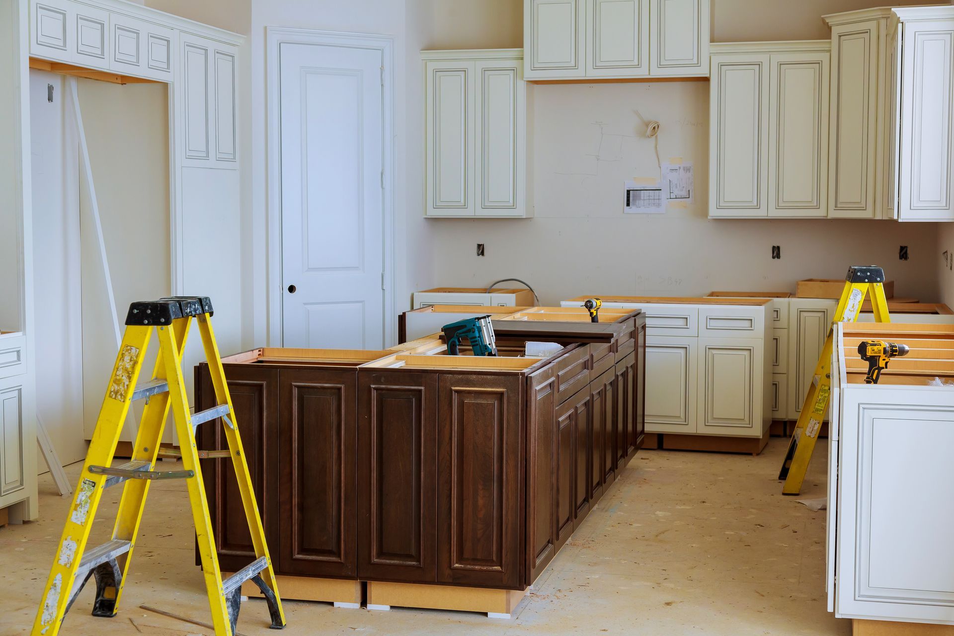 Interior design construction of a kitchen with cooker extractor fan hood.