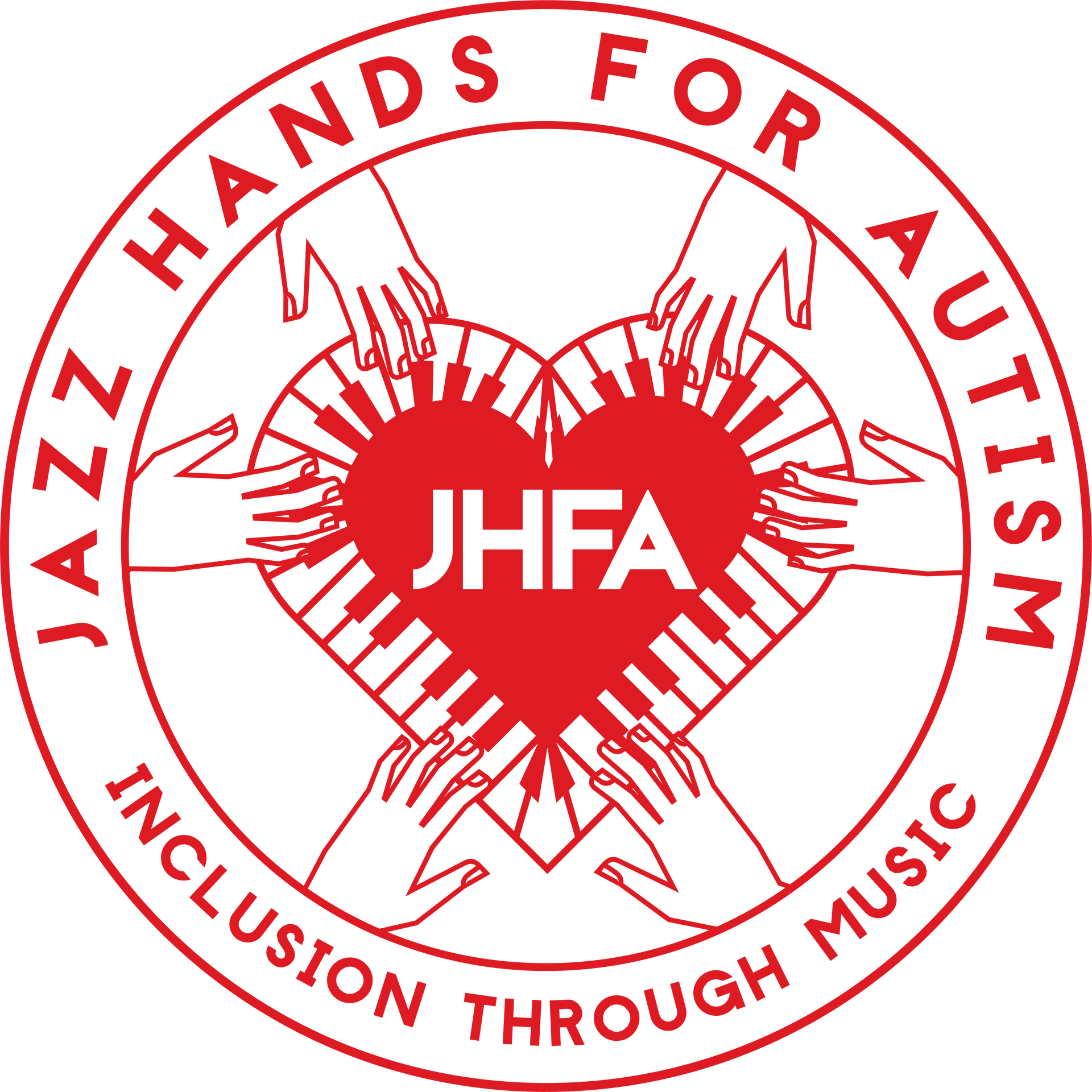 Red logo: Hands encircling a heart-shaped piano keyboard. Text: 