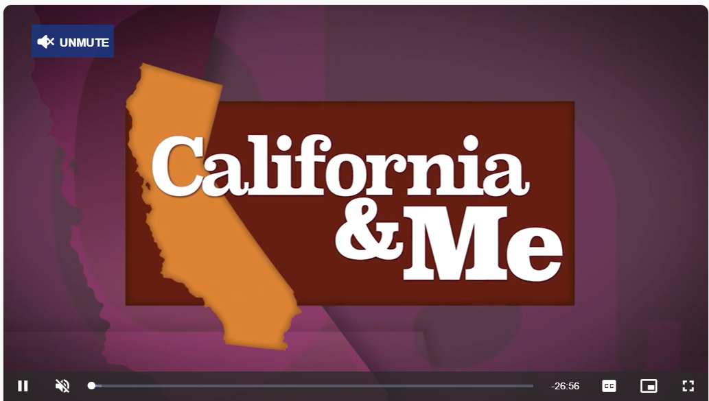 California & Me title card: orange outline of California, white text on a dark background.