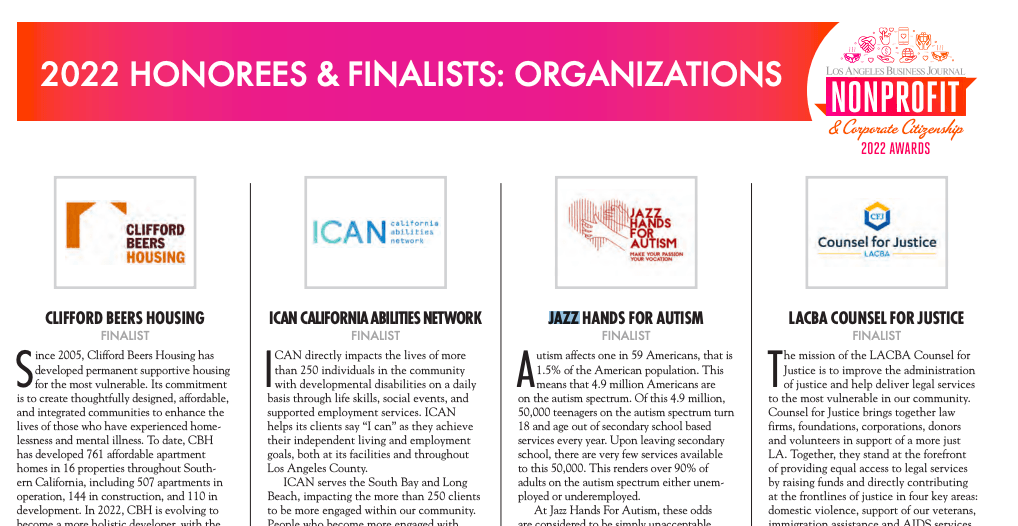 2022 Nonprofit Awards: Honorees and finalists, featuring logos and descriptions of four organizations.