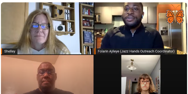 Four people in a video conference. One woman, two men, and a woman are visible. The top right has a butterfly image.