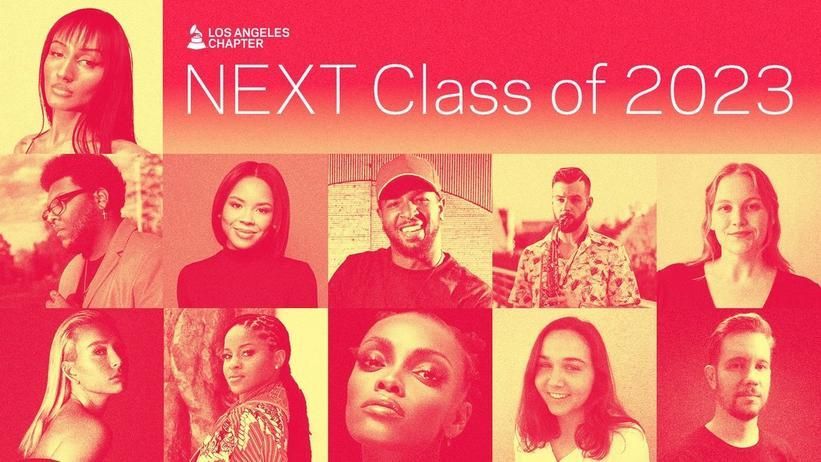 The Recording Academy's NEXT Class of 2023, featuring headshots of ten diverse musicians against a red background.