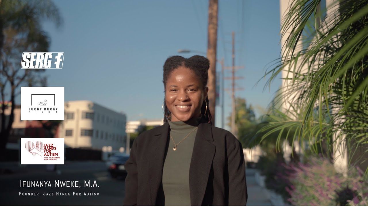 Woman in blazer smiles on a sidewalk, logos and text on the left.
