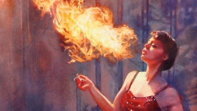 Woman exhaling flames from her mouth; red sequined dress, short hair; stage with blue curtains.