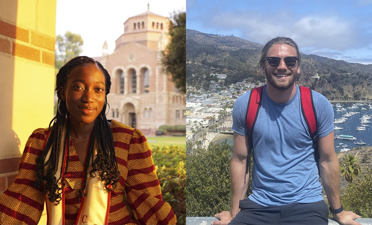 A woman and a man. Woman at college building, man with mountainous background and water.