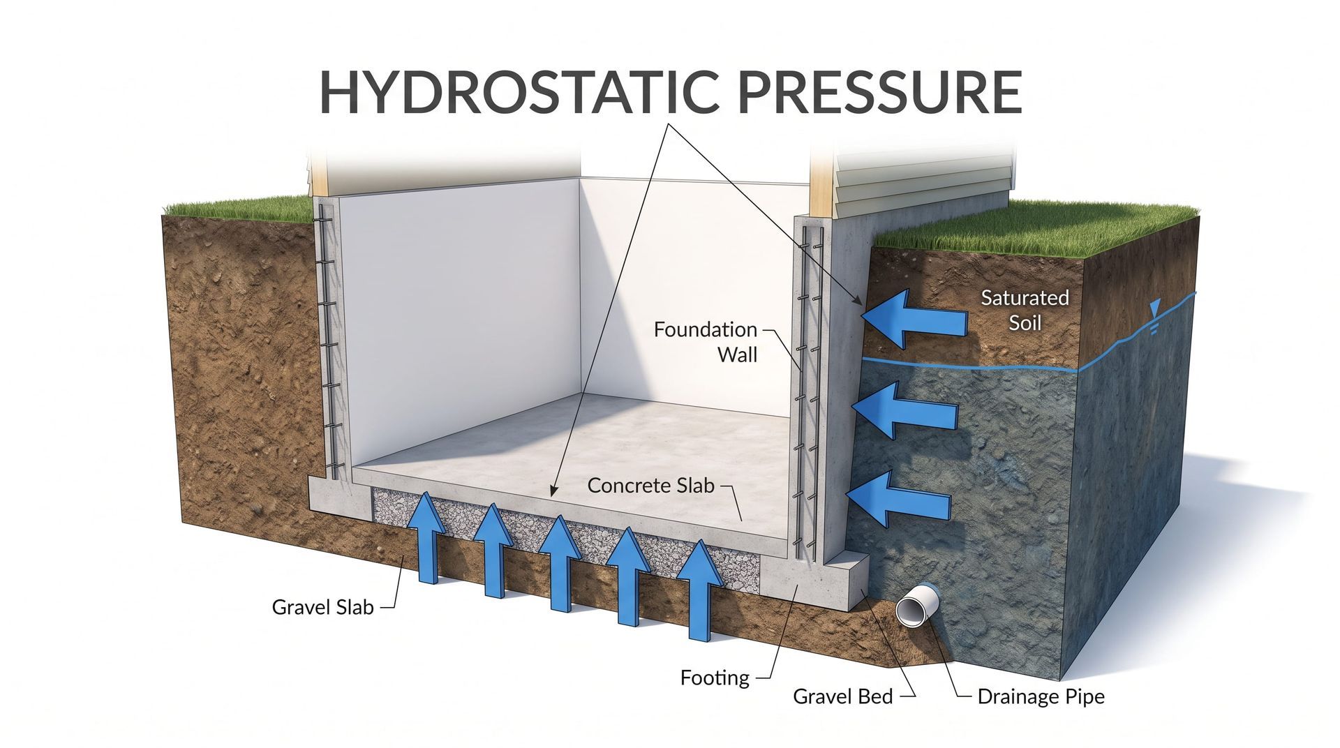 Diagram of hydrostatic pressure on a retaining wall with blue arrows showing increasing force with depth