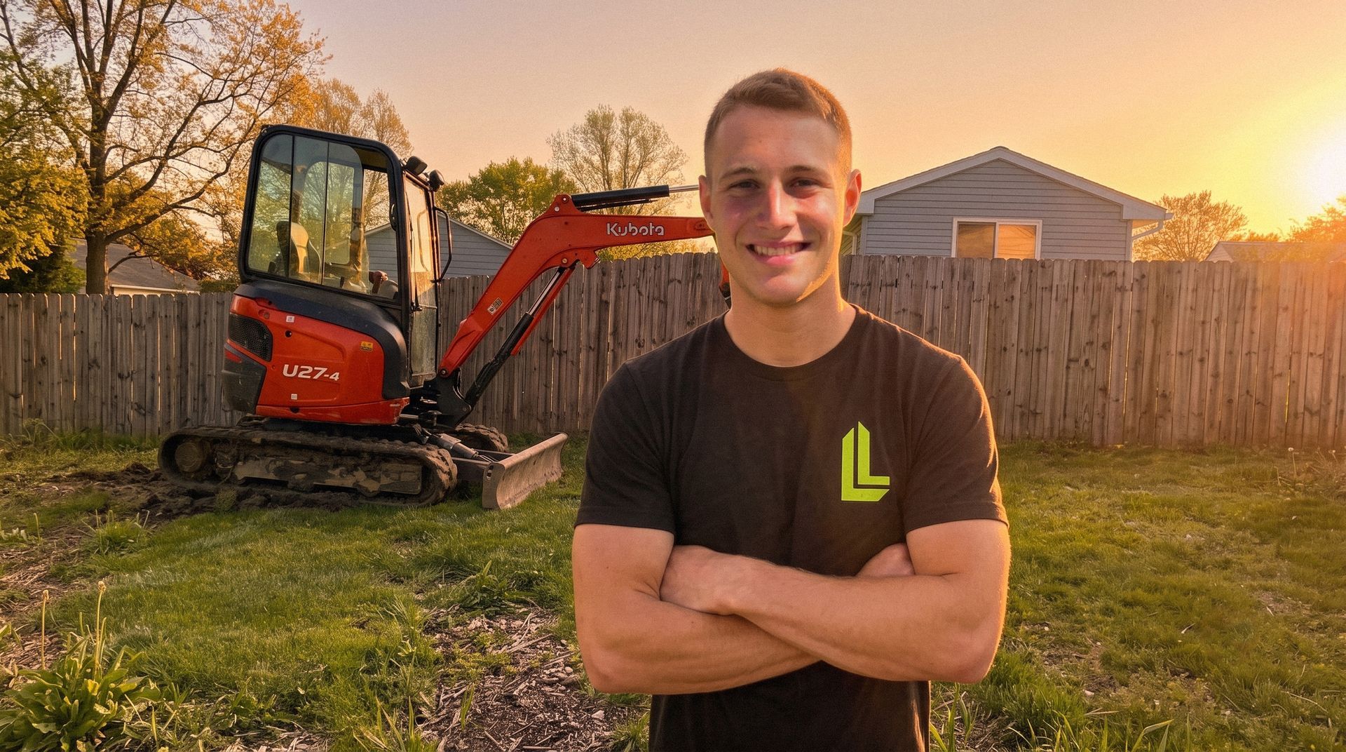 Smiling man in black shirt standing in a yard with a red excavator at sunset