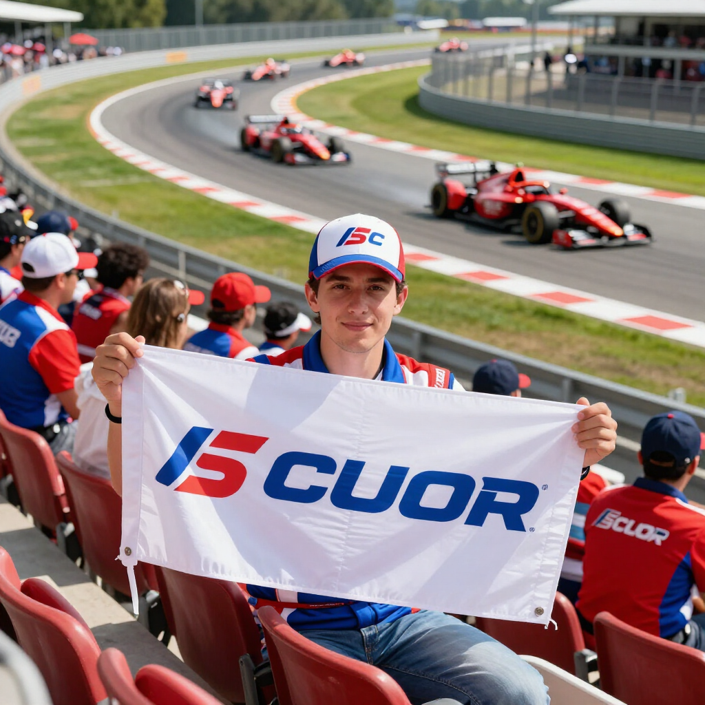 Motorsports fan holding a sponsor banner