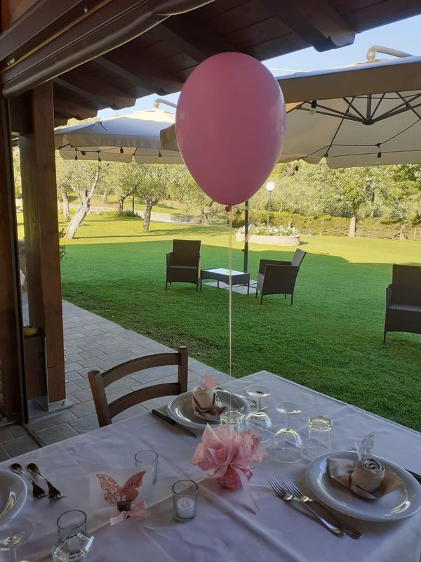 Un tavolo apparecchiato per una festa con un palloncino rosa che fluttua su un prato verde e sugli alberi.