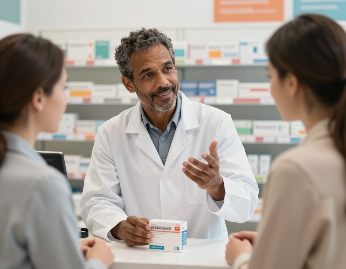 Farmacéutico hablando con dos clientes en el mostrador de una farmacia, sosteniendo una caja de medicamentos.
