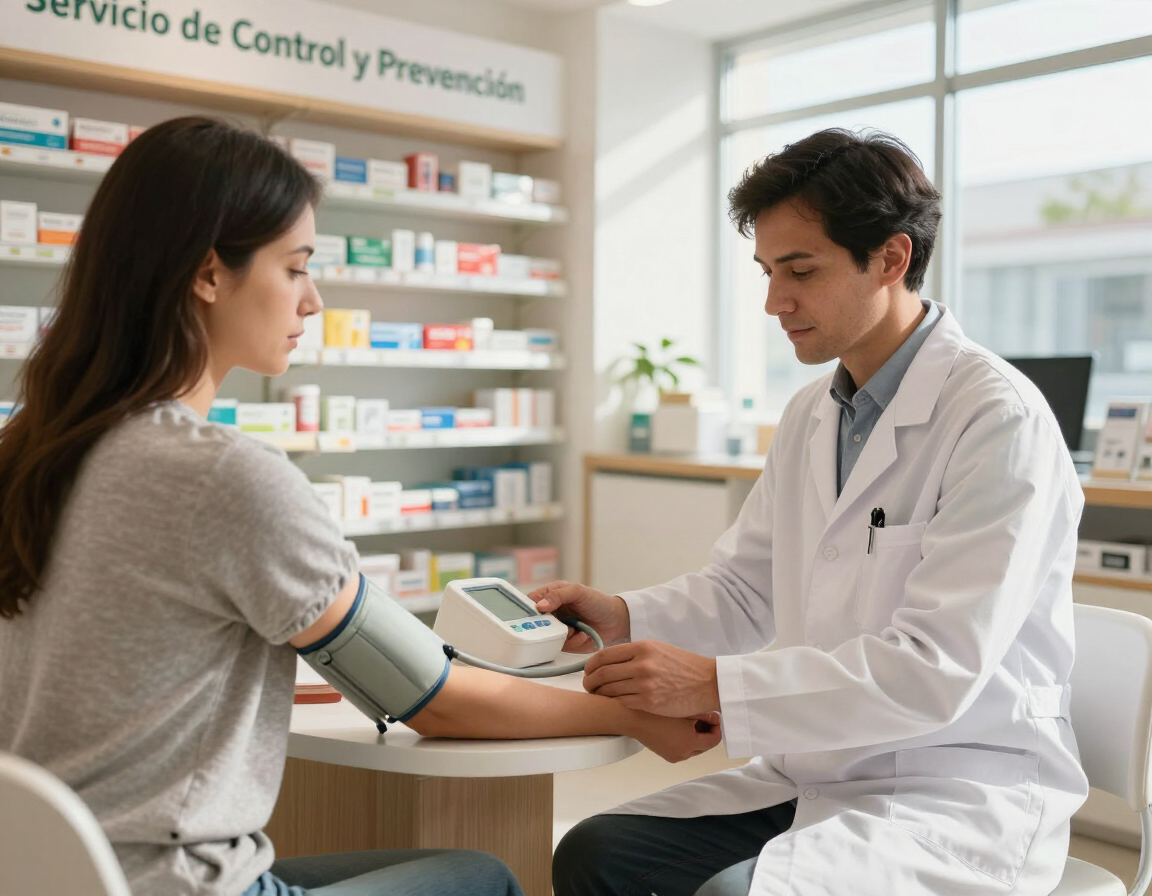 Farmacéutico tomando la presión arterial a una mujer en el área de salud de una farmacia.