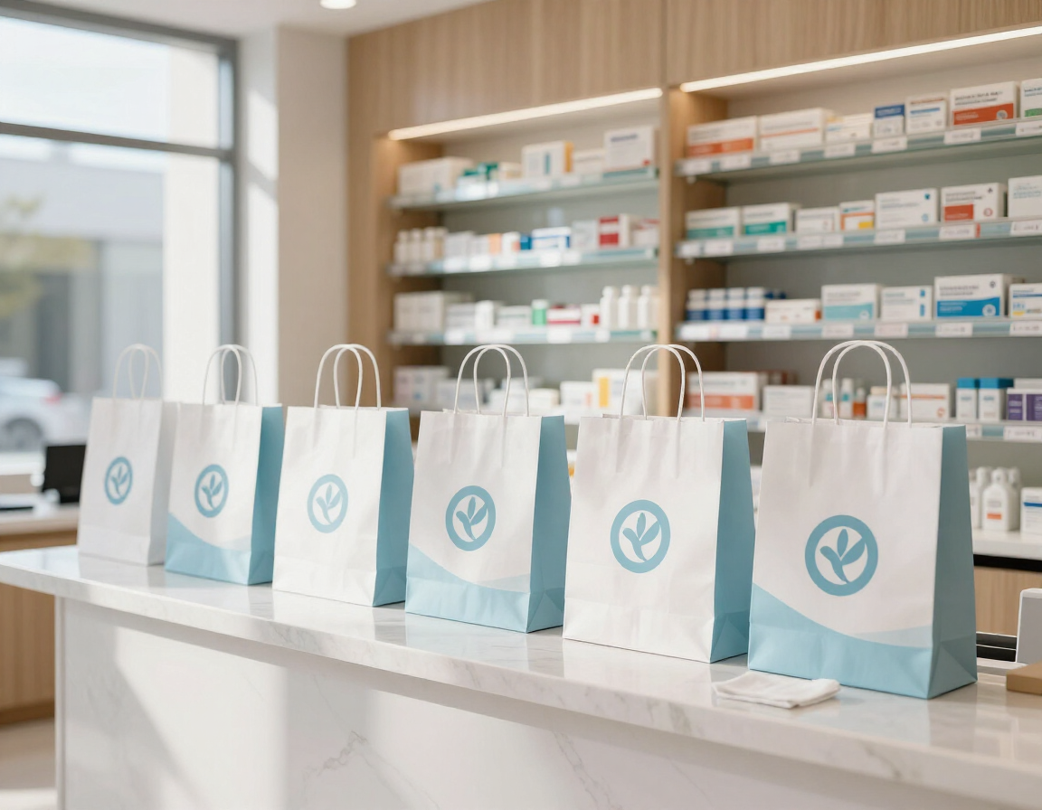 Bolsas de regalo de farmacia blancas y turquesas alineadas en un mostrador con estantes de medicamentos al fondo.