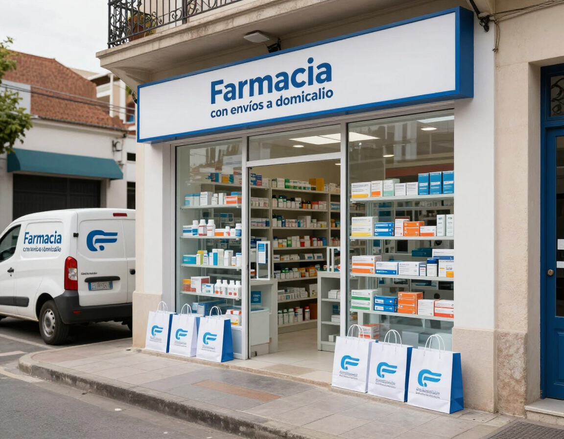 Una pequeña farmacia con letrero azul y una furgoneta de reparto aparcada en la puerta.