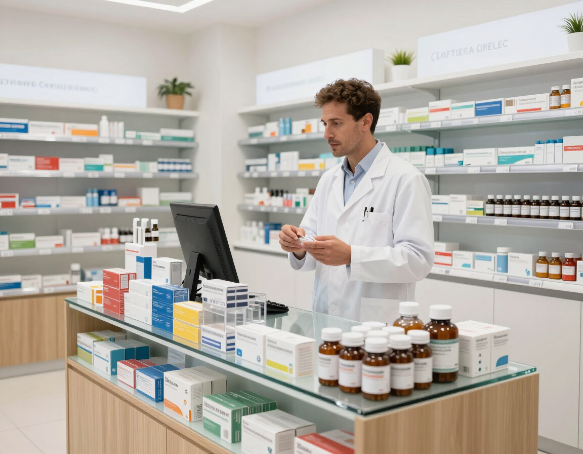 Mostrador de farmacia con farmacéutico con bata blanca organizando frascos y cajas de medicamentos.