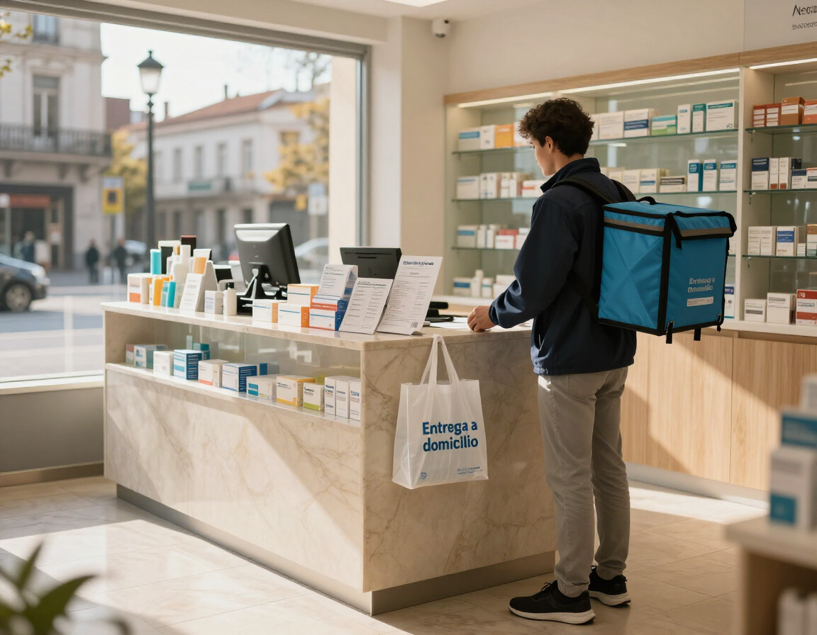 Cliente en el mostrador de una farmacia con una mochila de reparto azul; detrás del mostrador hay estantes llenos de medicamentos.