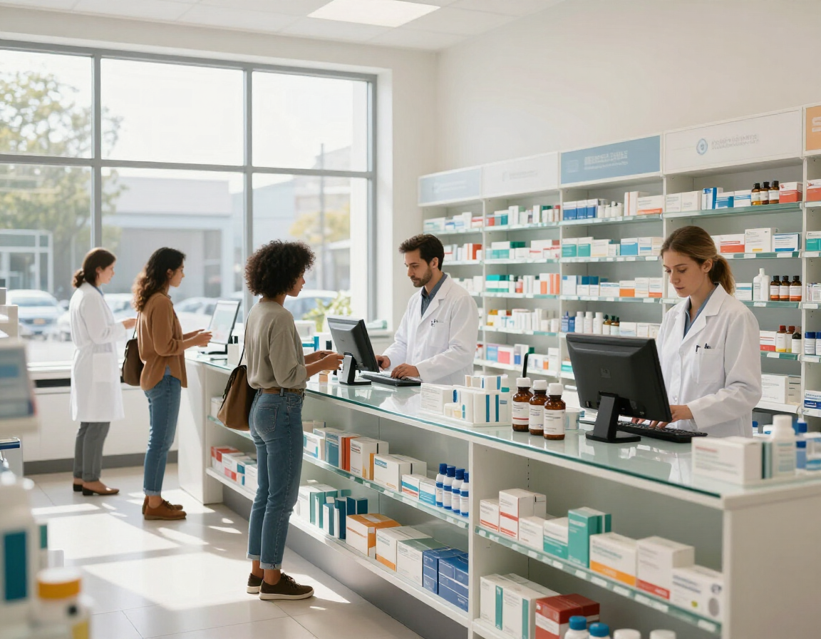 Mostrador de farmacia con dos farmacéuticos atendiendo a los clientes en una tienda luminosa y moderna.
