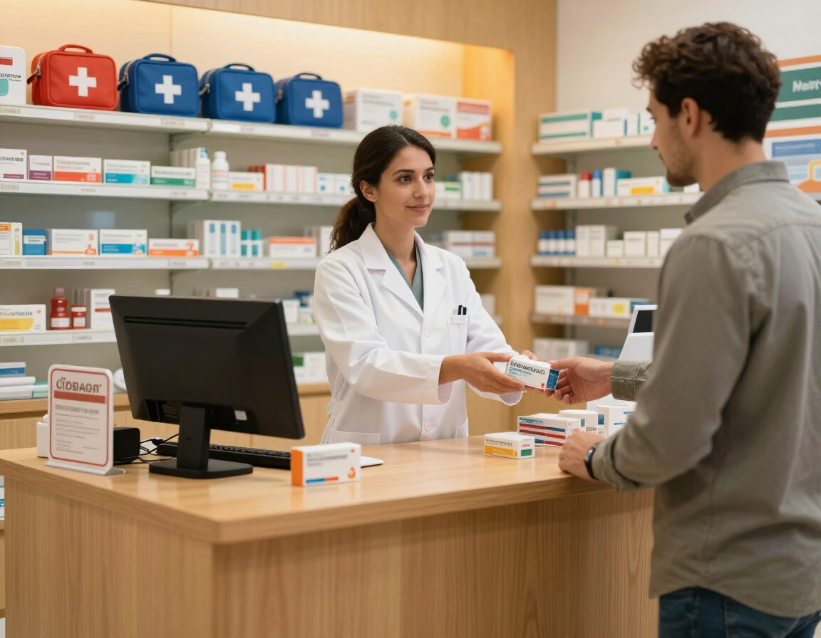 Farmacéutico entregando un medicamento a un cliente en el mostrador de una farmacia, con estantes llenos de suministros al fondo.