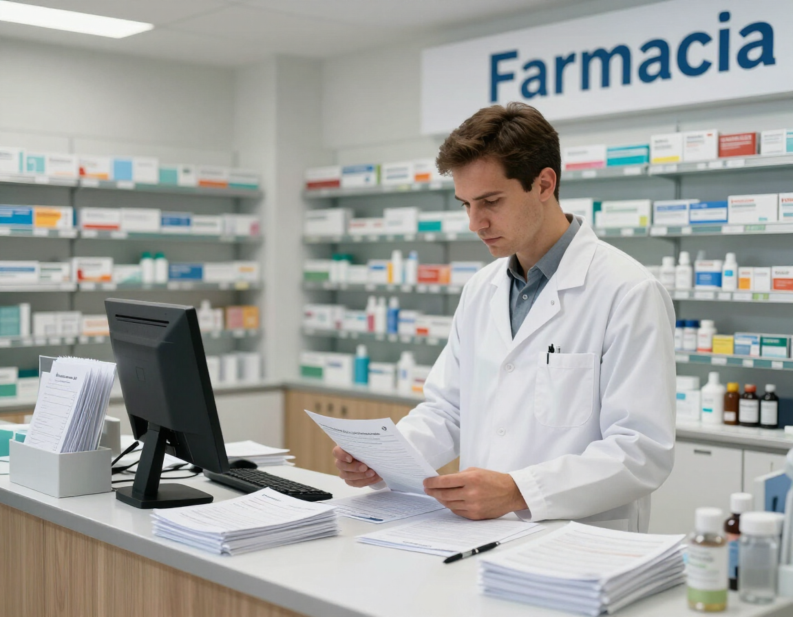 Farmacéutico con bata blanca revisando documentación en el mostrador de una farmacia con estantes de medicamentos detrás.
