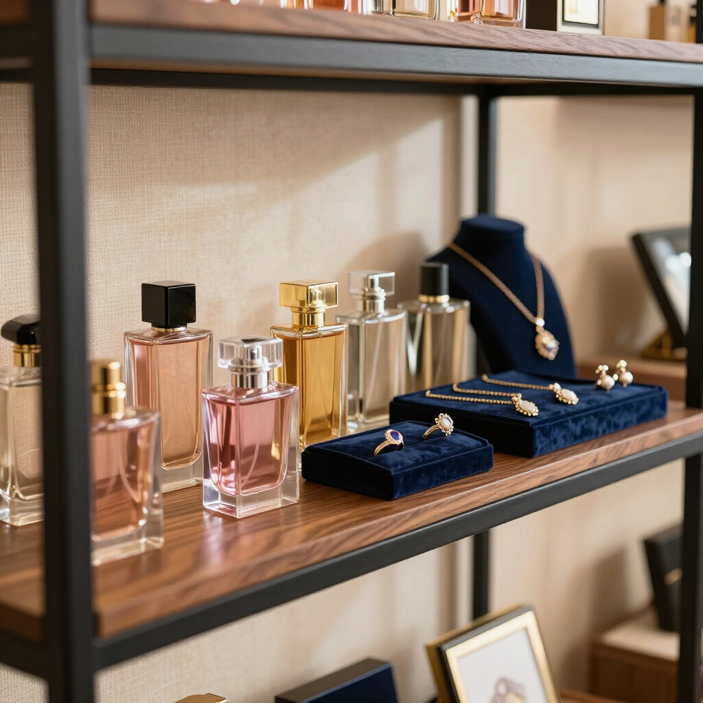 Frascos de perfume y joyas de oro expuestos en un estante de madera con soportes de terciopelo azul marino.