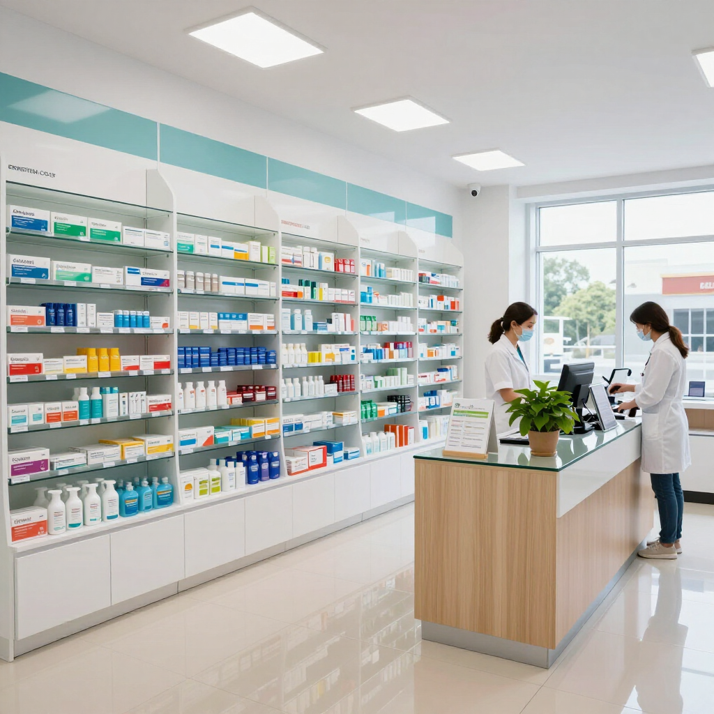 Interior luminoso de la farmacia, con estantes de medicamentos y dos empleados en el mostrador.