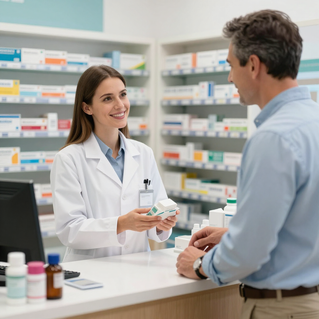 Farmacéutico entregando un medicamento a un cliente al otro lado del mostrador de la farmacia.