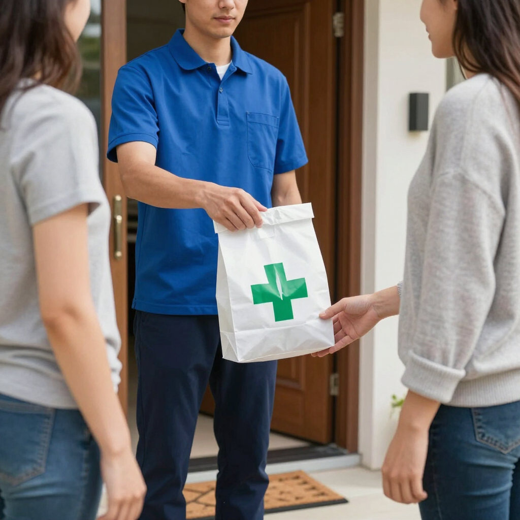 Una persona con camisa azul le entrega un botiquín blanco con una cruz verde a otra persona en una puerta.